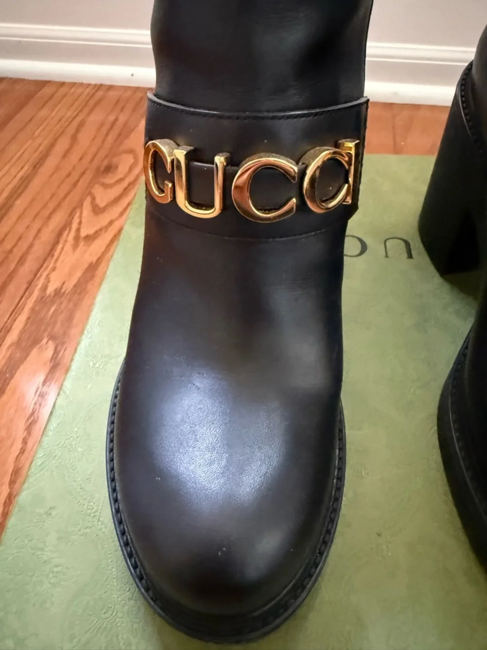 Gucci Black Leather Ankle Boots with Gold Logo Strap - Picture 9 of 9